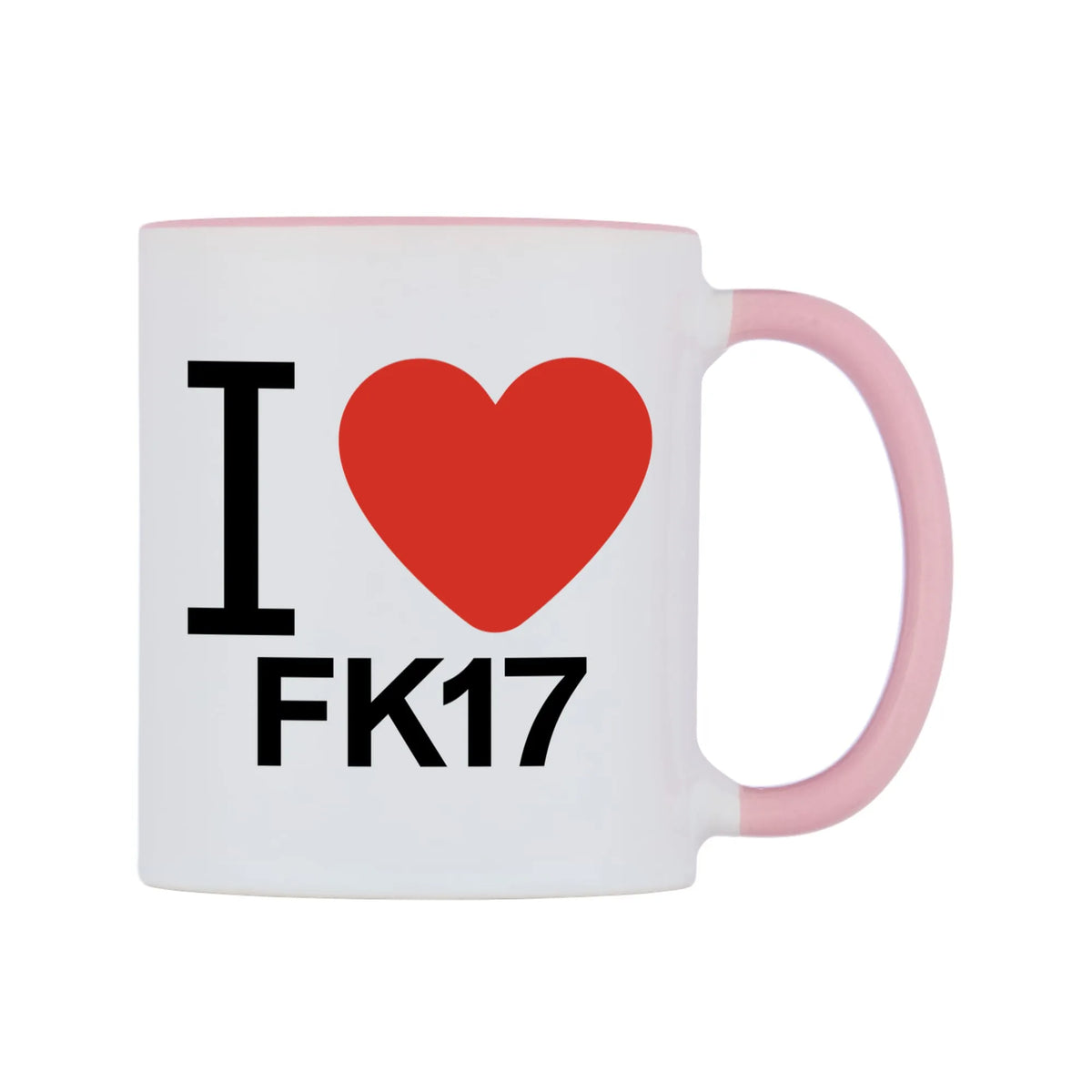 I Love FK17 Mug — white 11oz gloss mug with a pink inside and handle, left side, on a white background