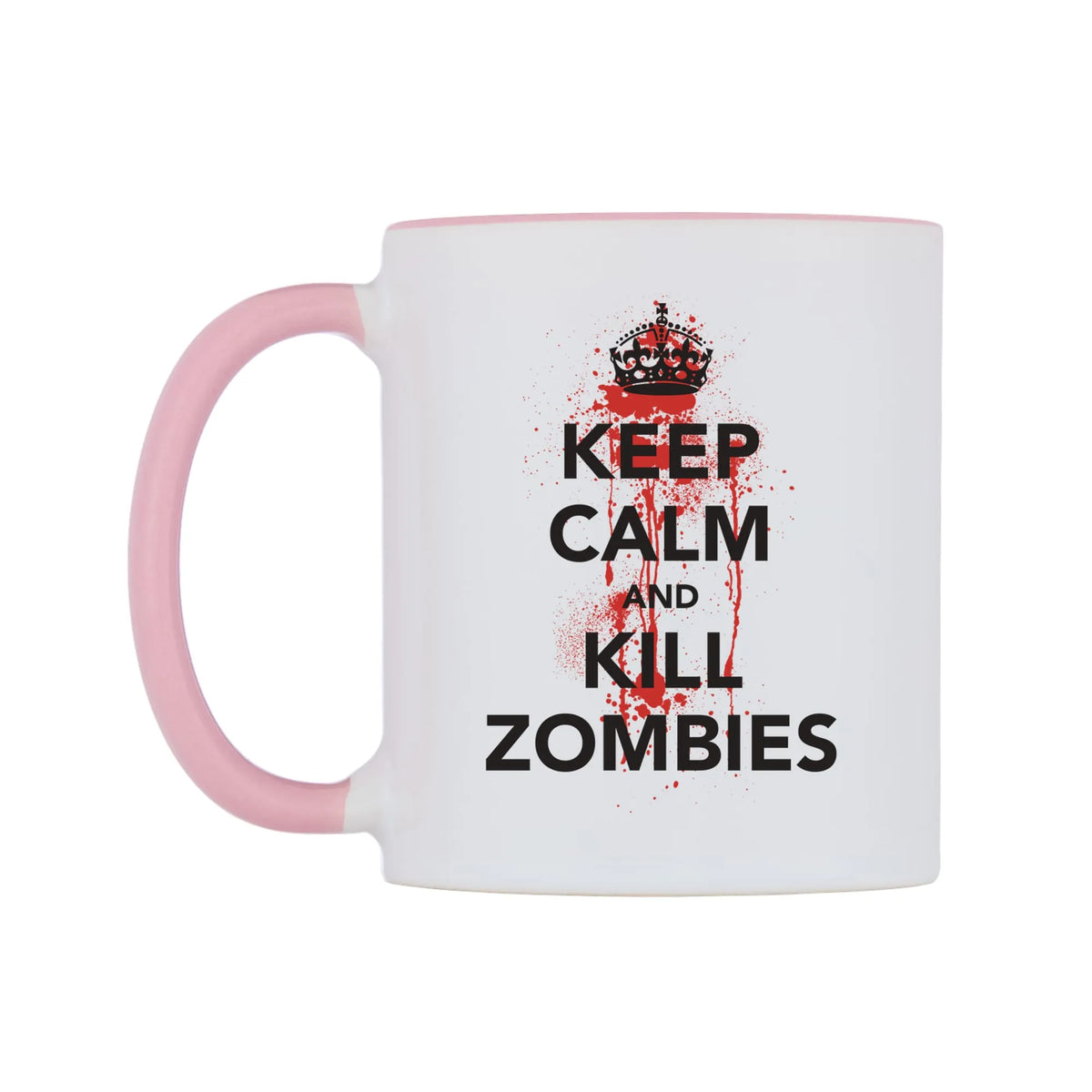 Keep Calm And Kill Zombies Mug — white 11oz gloss mug with a pink inside and handle, right side, on a white background