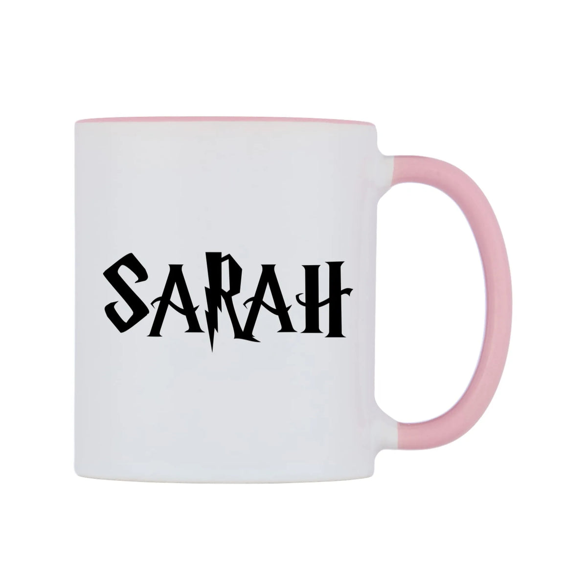 Sarah - Wizard Themed Mug — white 11oz gloss mug with a pink inside and handle, left side, on a white background