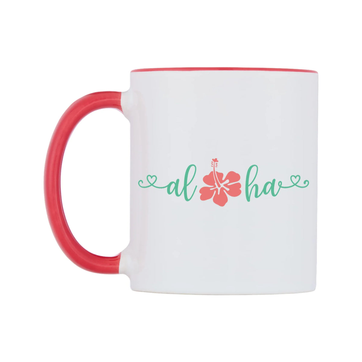 Aloha Mug — white 11oz gloss mug with a red inside and handle, right side, on a white background