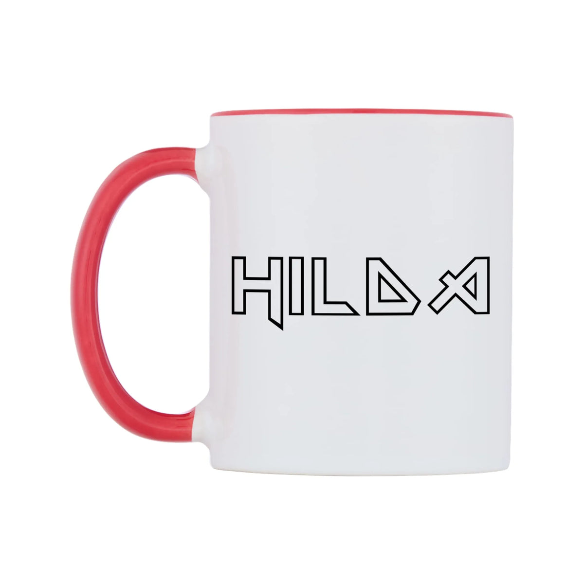 Hilda - Iron Maiden Themed Mug — white 11oz gloss mug with a red inside and handle, right side, on a white background