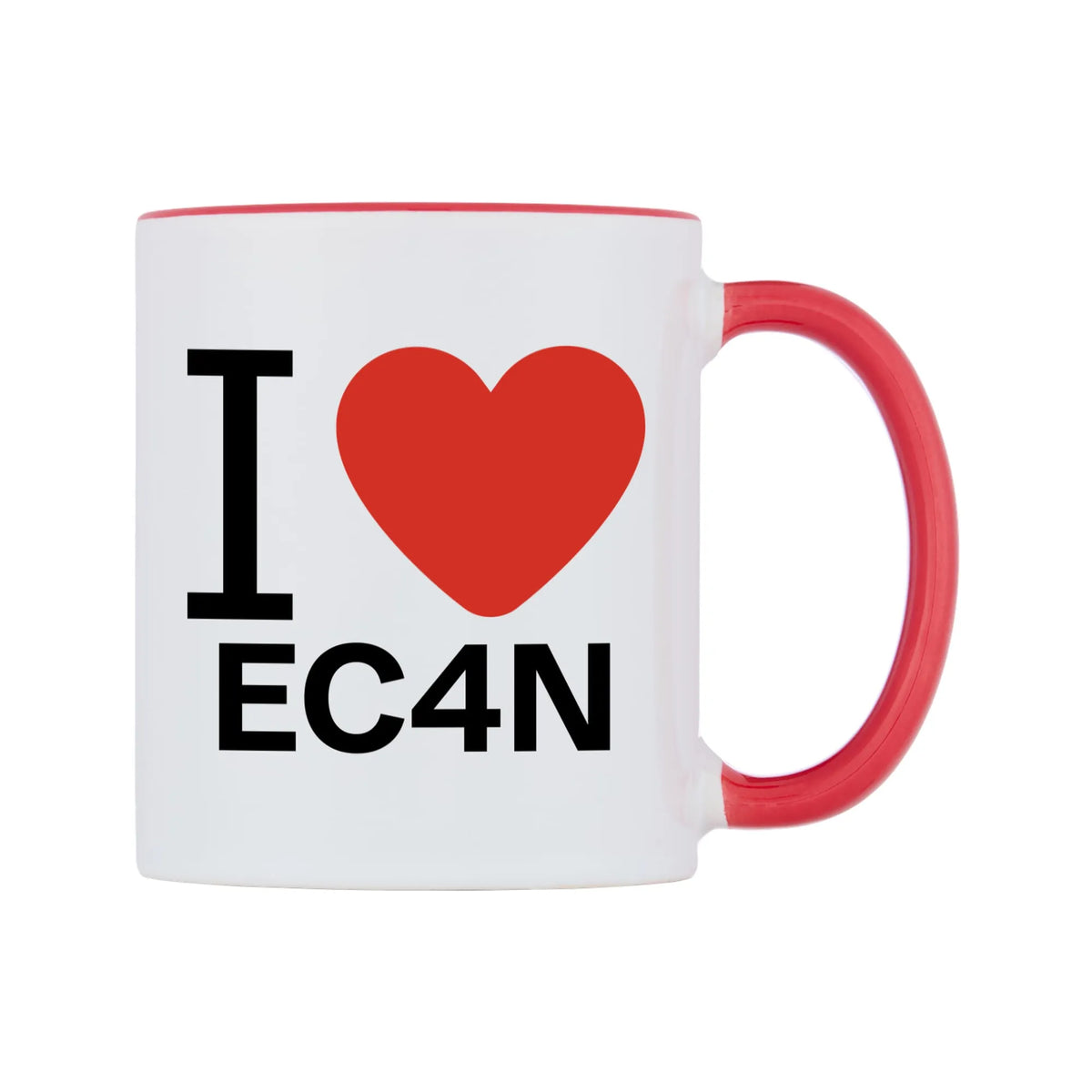 I Love EC4N Mug — white 11oz gloss mug with a red inside and handle, left side, on a white background