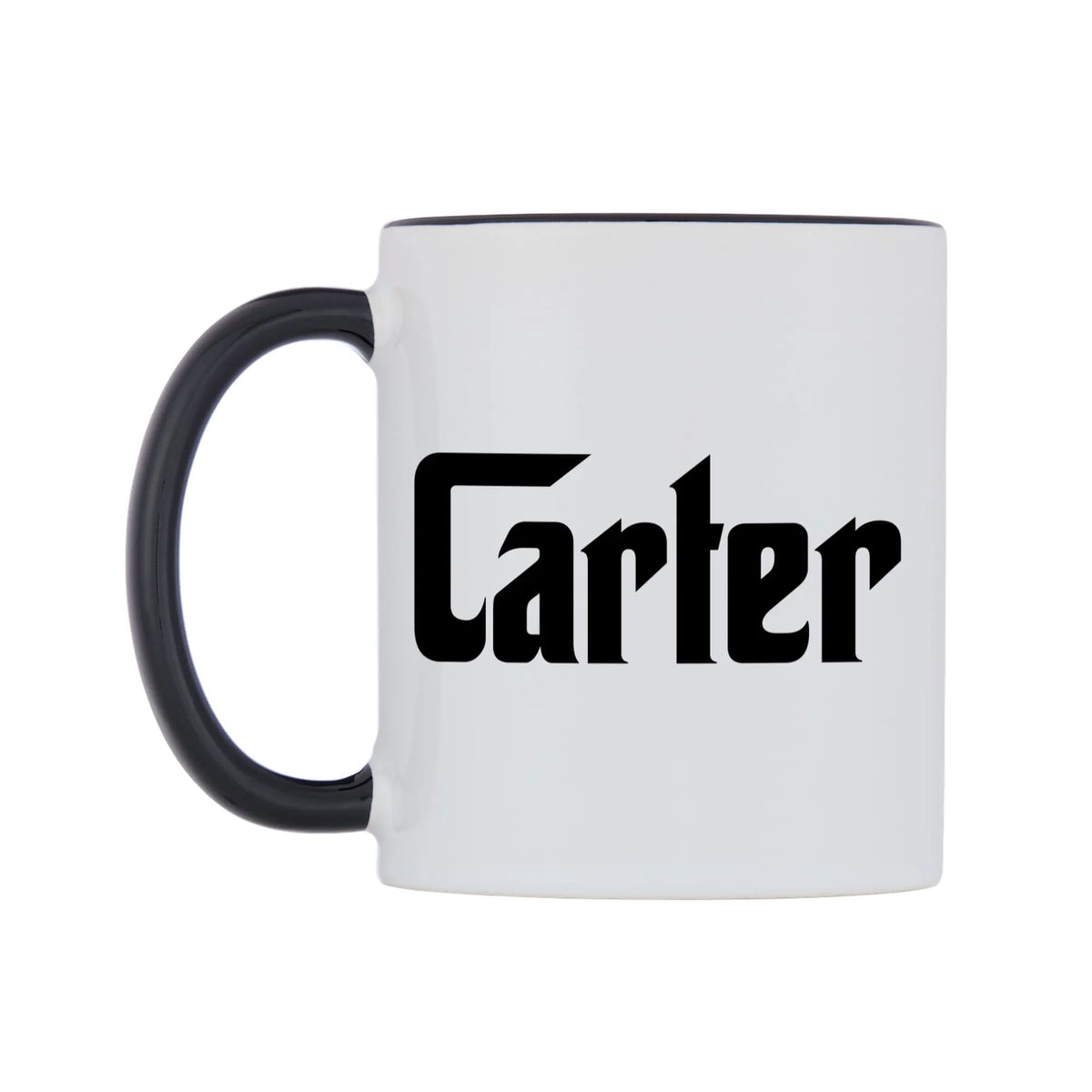 Carter - Godfather Themed Mug — white 11oz gloss mug with a black inside and handle, right side, on a white background