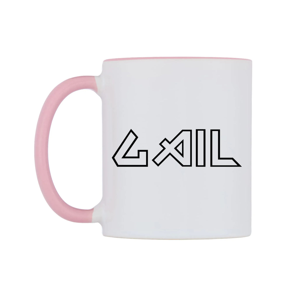 Gail - Iron Maiden Themed Mug — white 11oz gloss mug with a pink inside and handle, right side, on a white background
