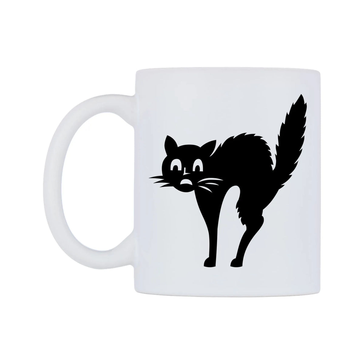 Scared Black Cat Mug — white 11oz gloss mug, right side, on a white background