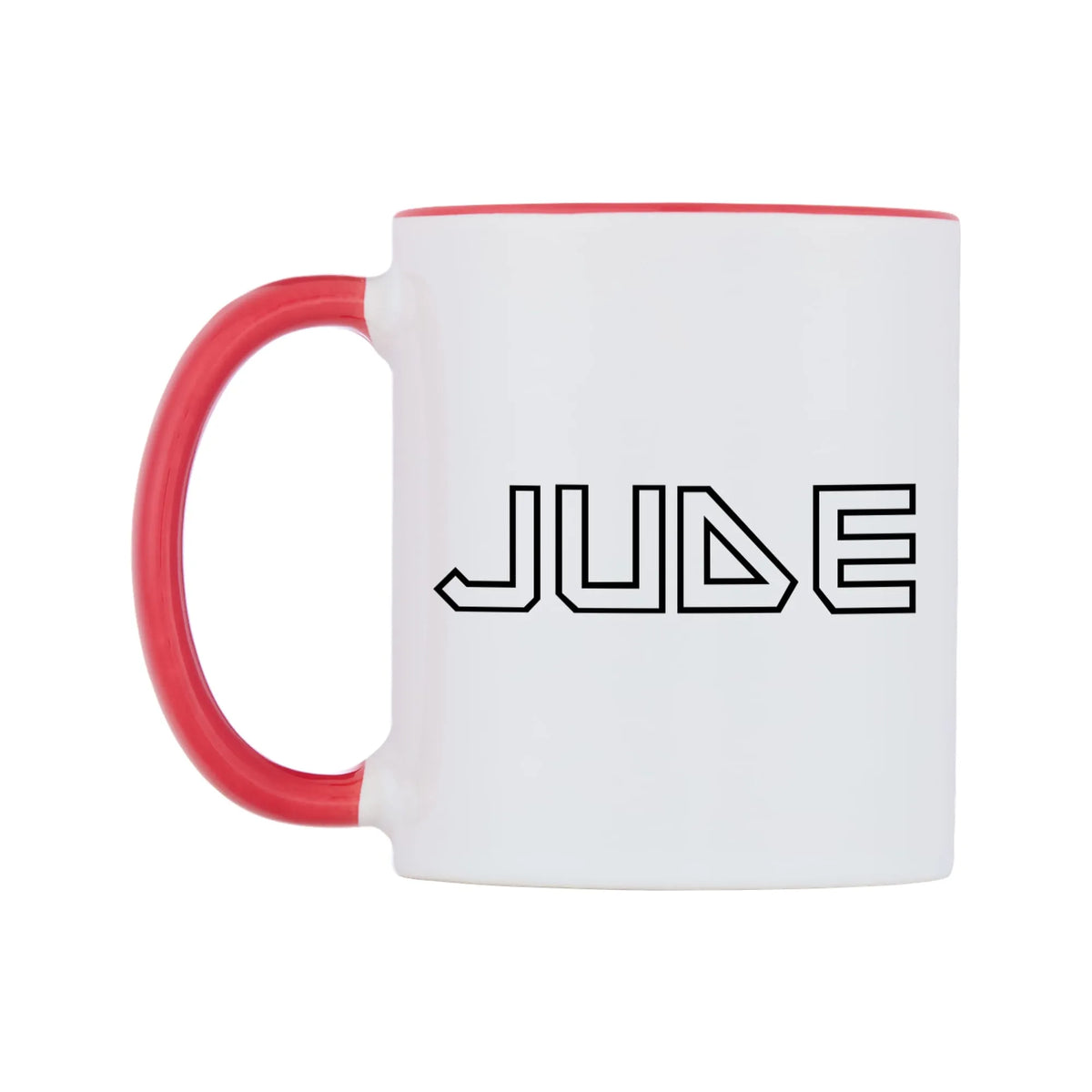 Jude - Iron Maiden Themed Mug — white 11oz gloss mug with a red inside and handle, right side, on a white background