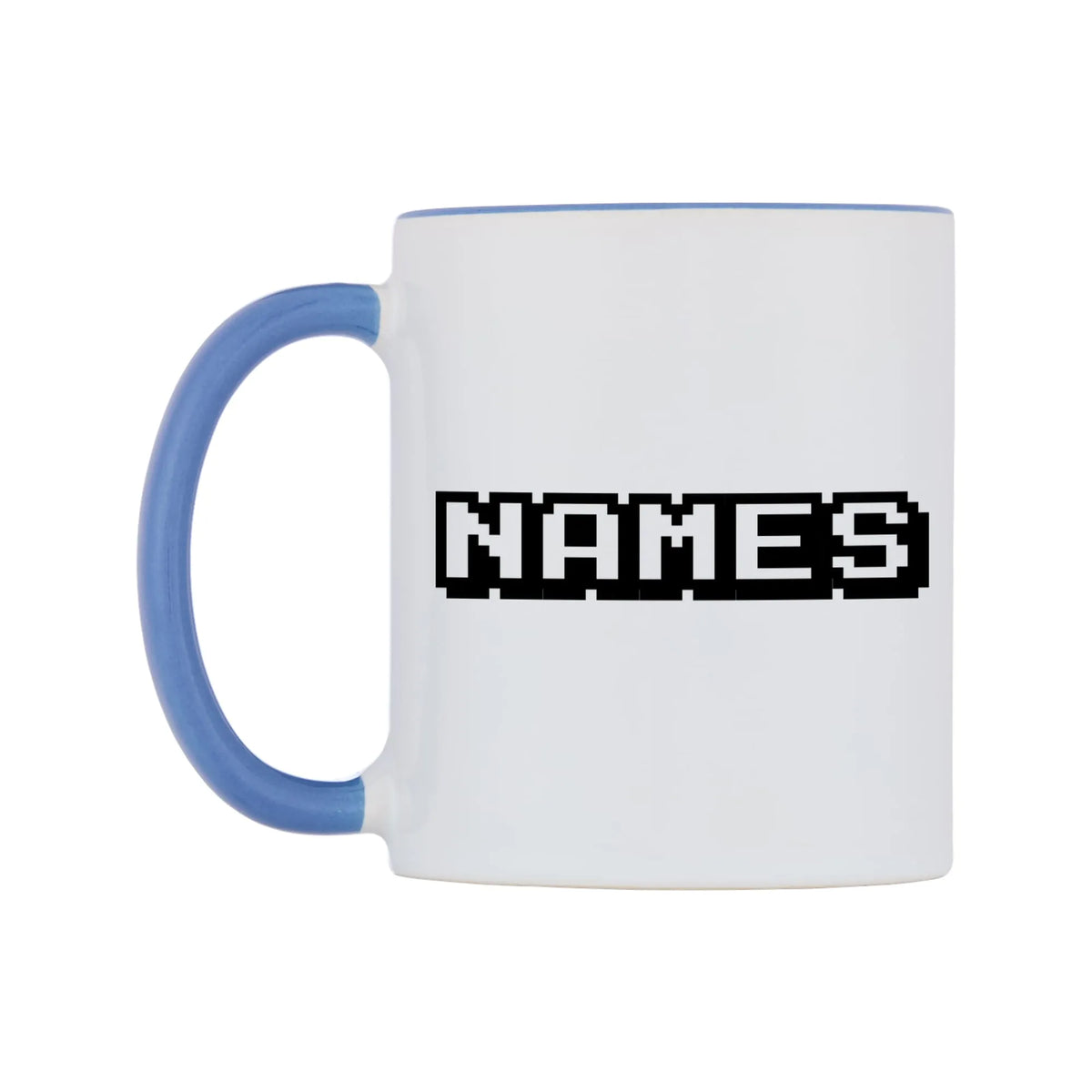 Personalised Arcade Themed Font Names Mug — white 11oz gloss mug with a cambridge blue inside and handle, right side, on a white background