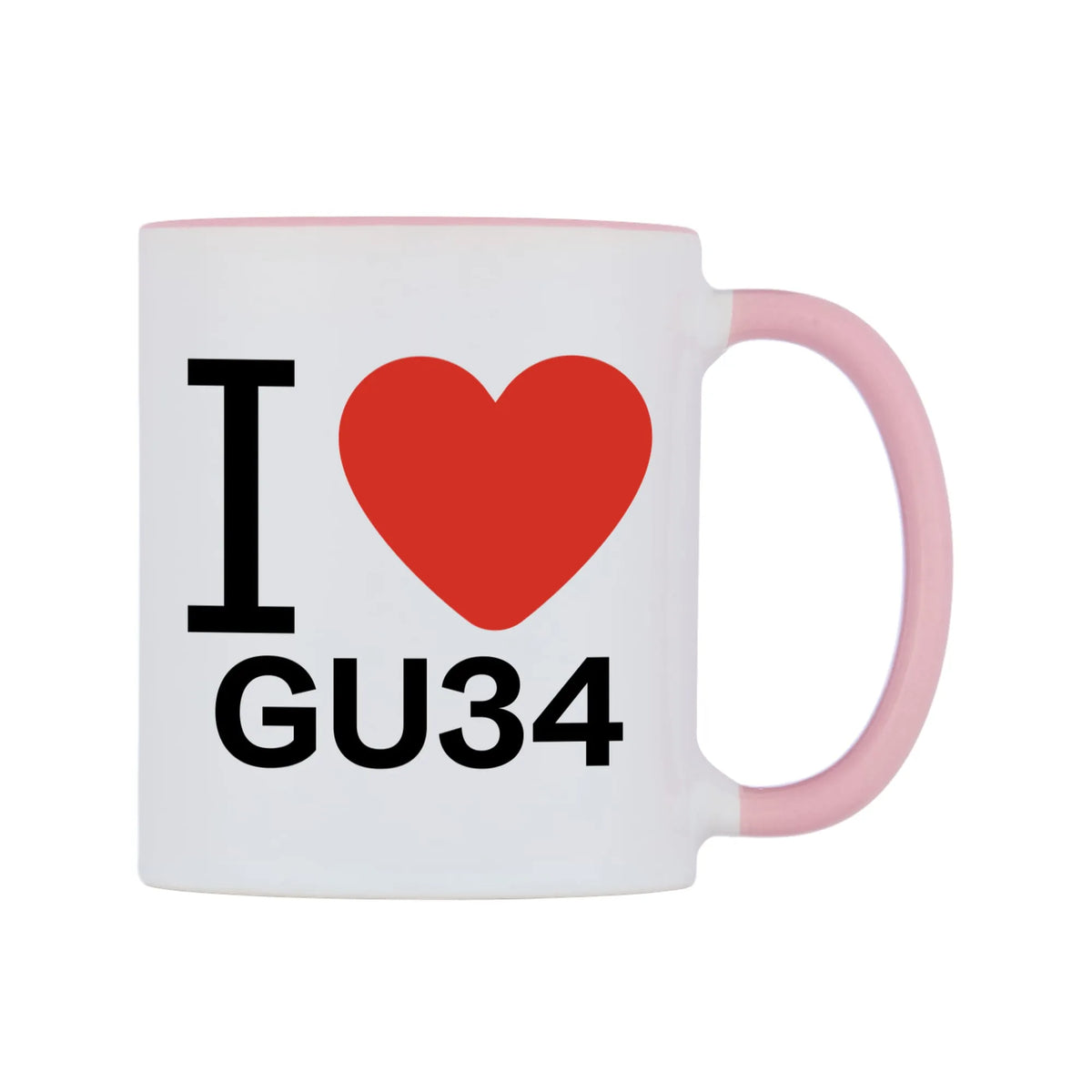 I Love GU34 Mug — white 11oz gloss mug with a pink inside and handle, left side, on a white background