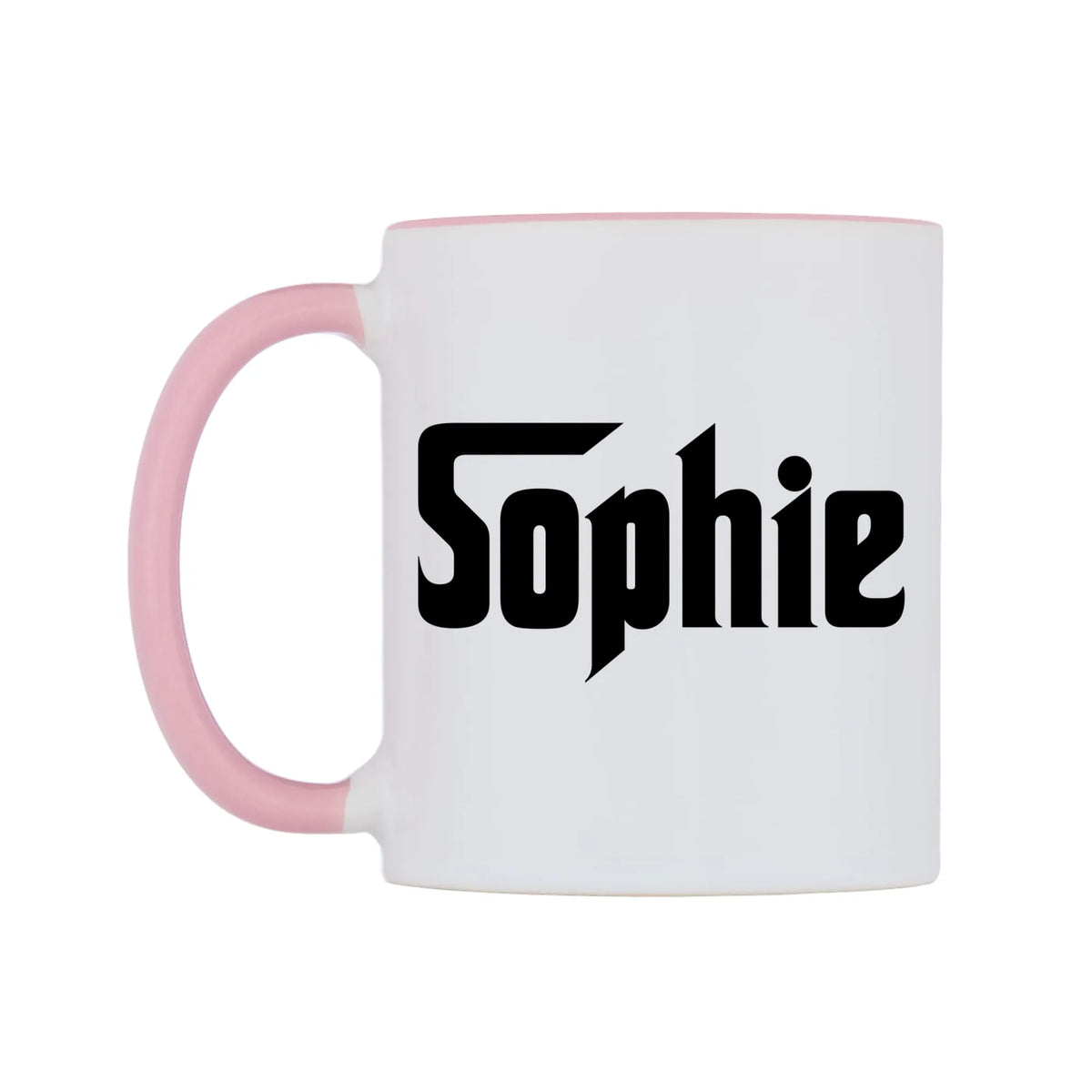 Sophie - Godfather Themed Mug — white 11oz gloss mug with a pink inside and handle, right side, on a white background