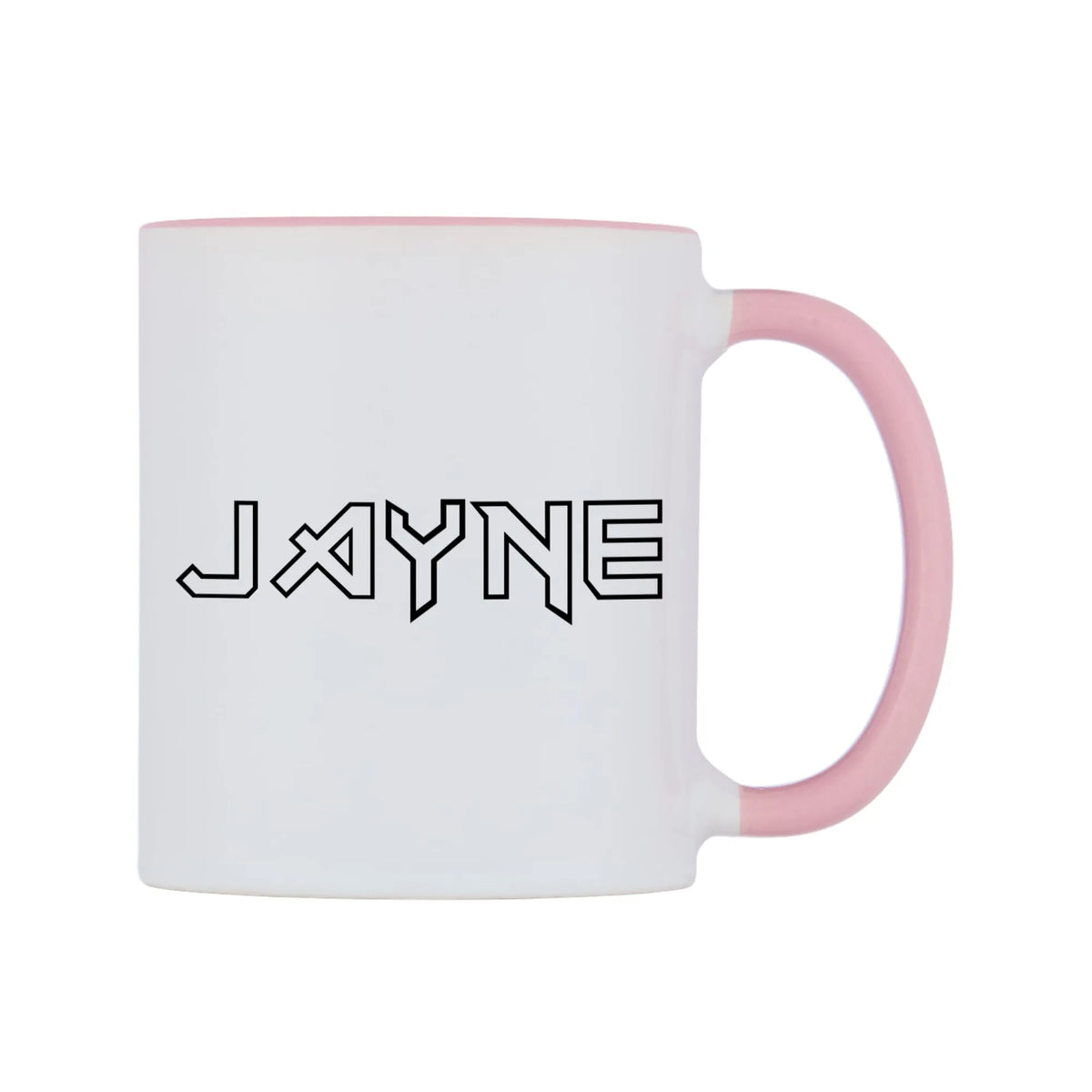 Jayne - Iron Maiden Themed Mug — white 11oz gloss mug with a pink inside and handle, left side, on a white background