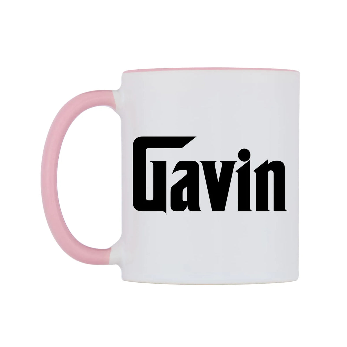 Gavin - Godfather Themed Mug — white 11oz gloss mug with a pink inside and handle, right side, on a white background