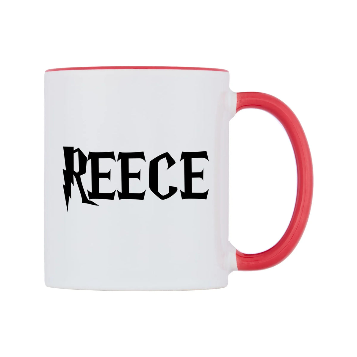 Reece - Wizard Themed Mug — white 11oz gloss mug with a red inside and handle, left side, on a white background