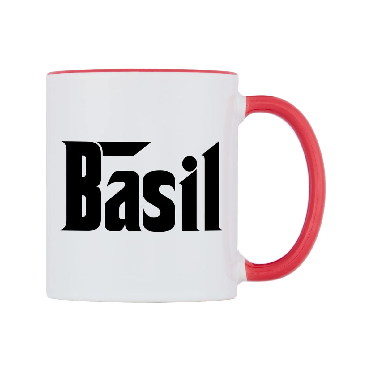 Basil - Godfather Themed Mug — white 11oz gloss mug with a red inside and handle, left side, on a white background