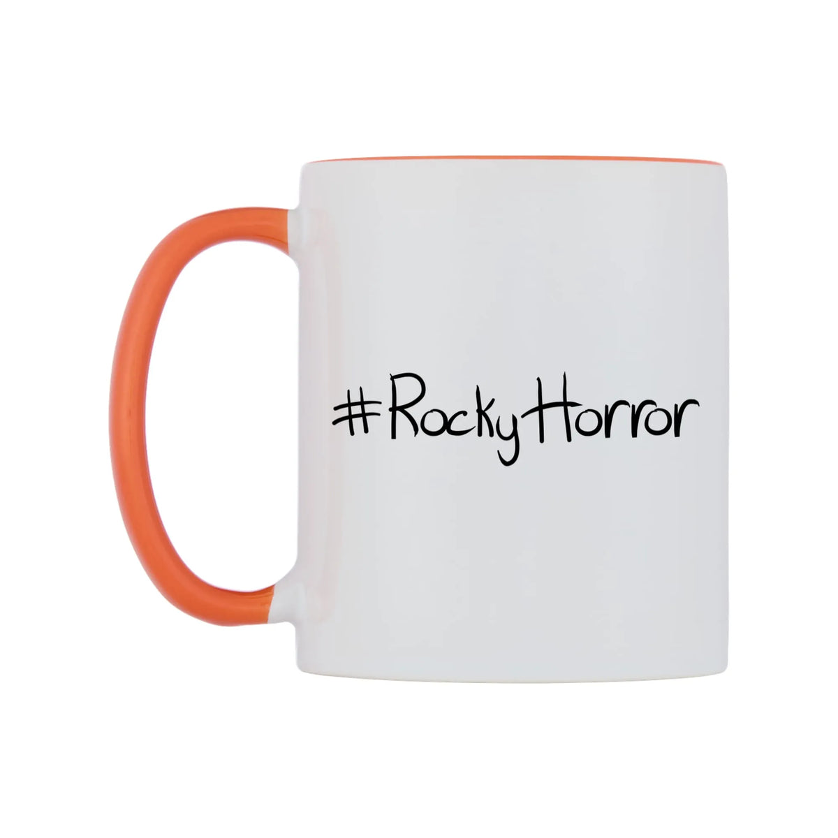 RockyHorror Mug — white 11oz gloss mug with a orange inside and handle, right side, on a white background