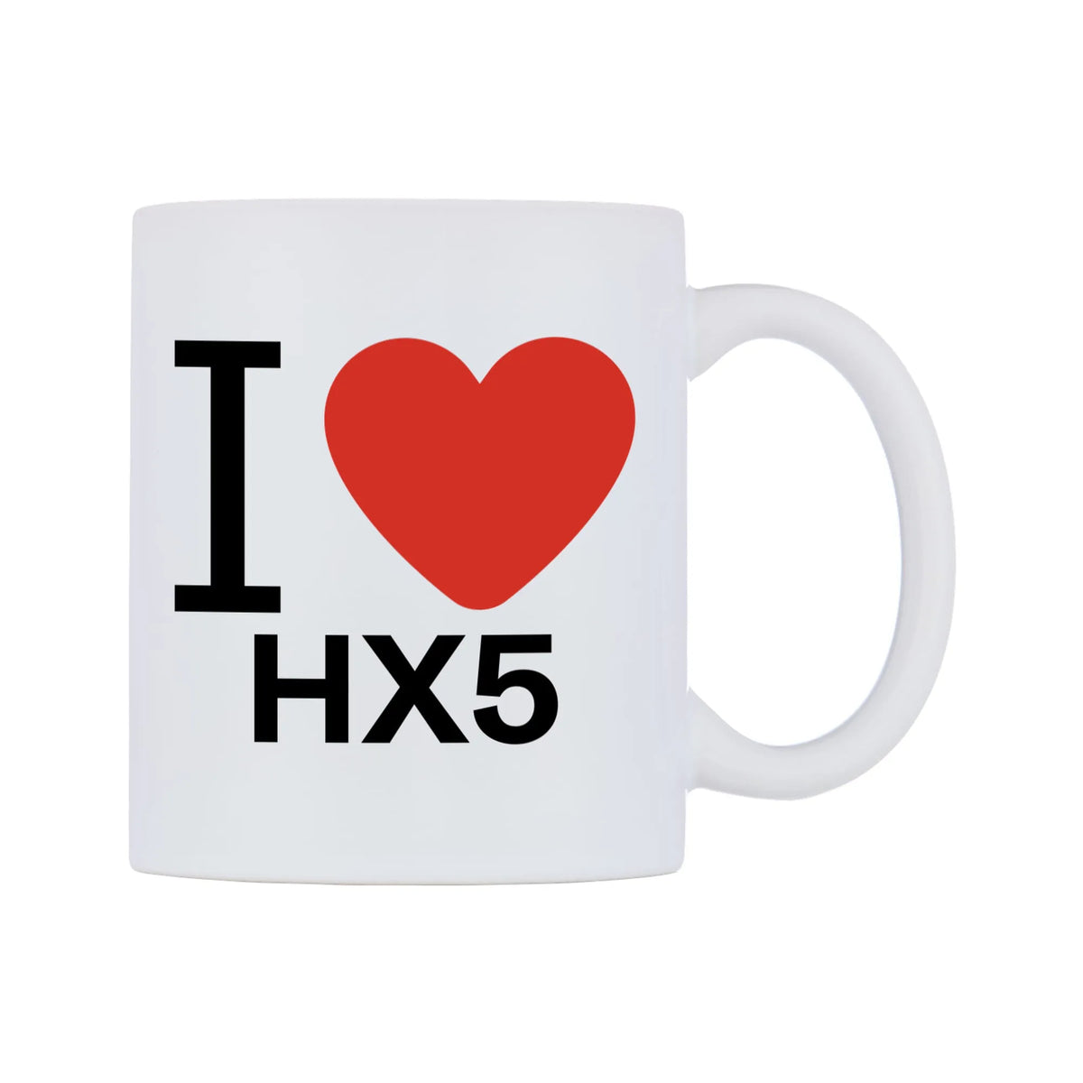 I Love HX5 Mug — white 11oz gloss mug, left side, on a white background