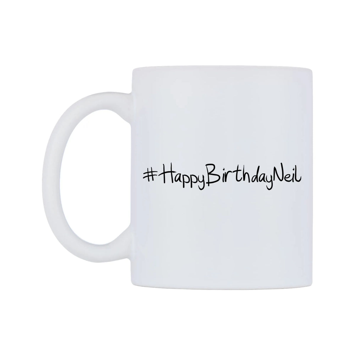 HappyBirthdayNeil Mug — mug, right side, on a white background