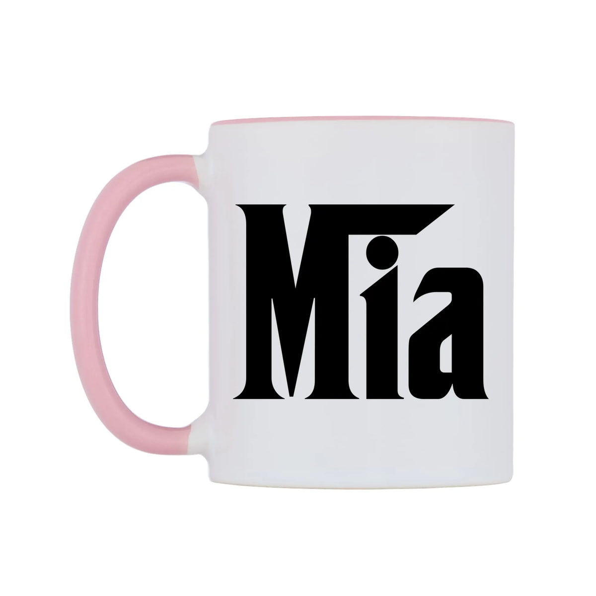 Mia - Godfather Themed Mug — white 11oz gloss mug with a pink inside and handle, right side, on a white background