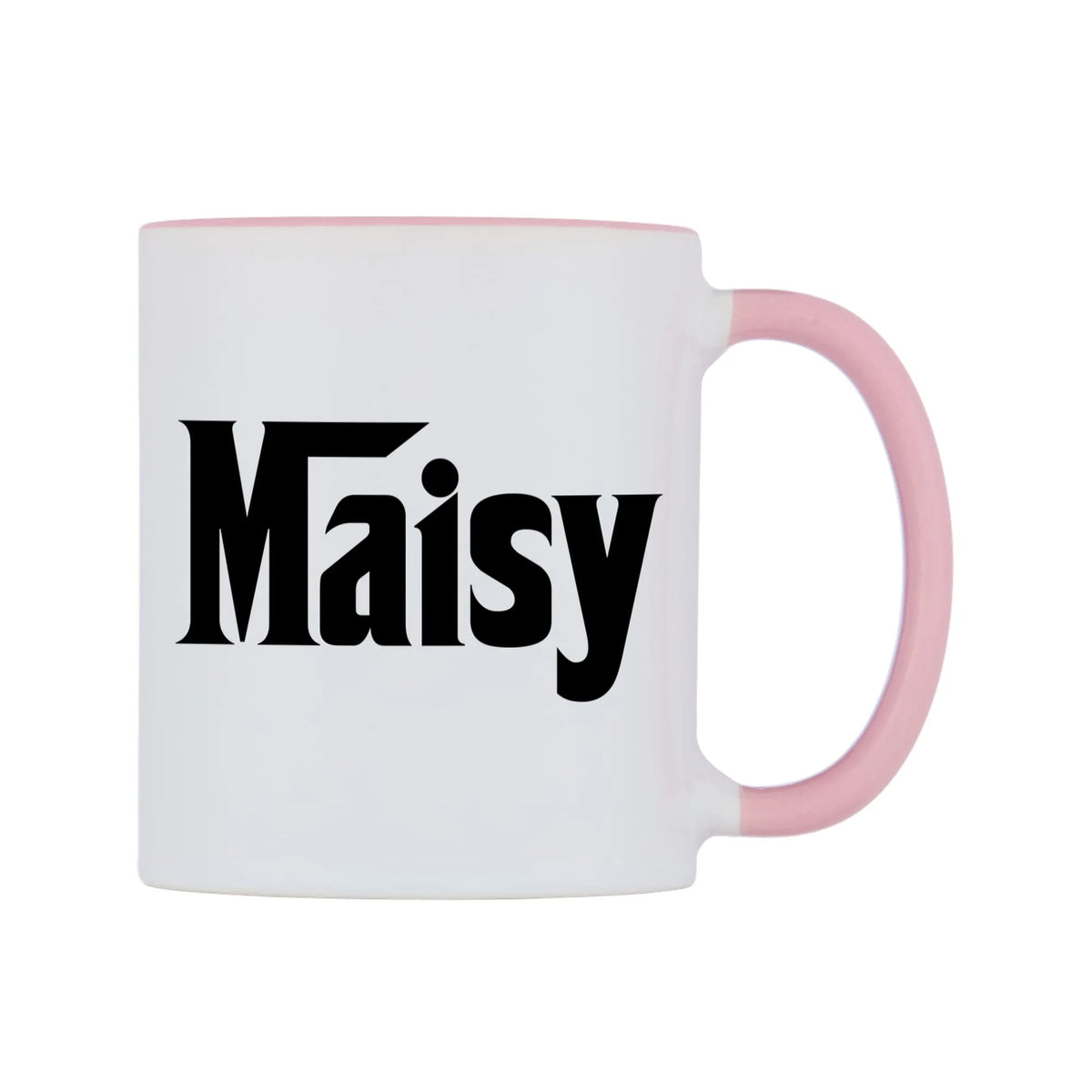 Maisy - Godfather Themed Mug — white 11oz gloss mug with a pink inside and handle, left side, on a white background