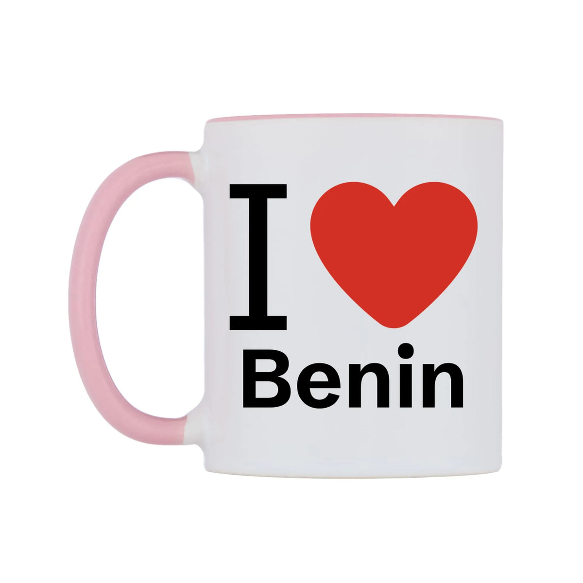 I Love Benin Mug — white 11oz gloss mug with a pink inside and handle, right side, on a white background