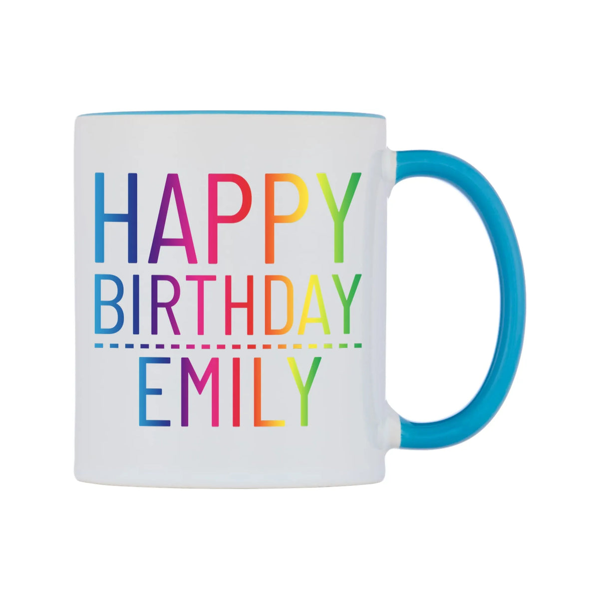 Personalised Happy Birthday (Rainbow) Mug — white 11oz gloss mug with a light blue inside and handle, left side, on a white background