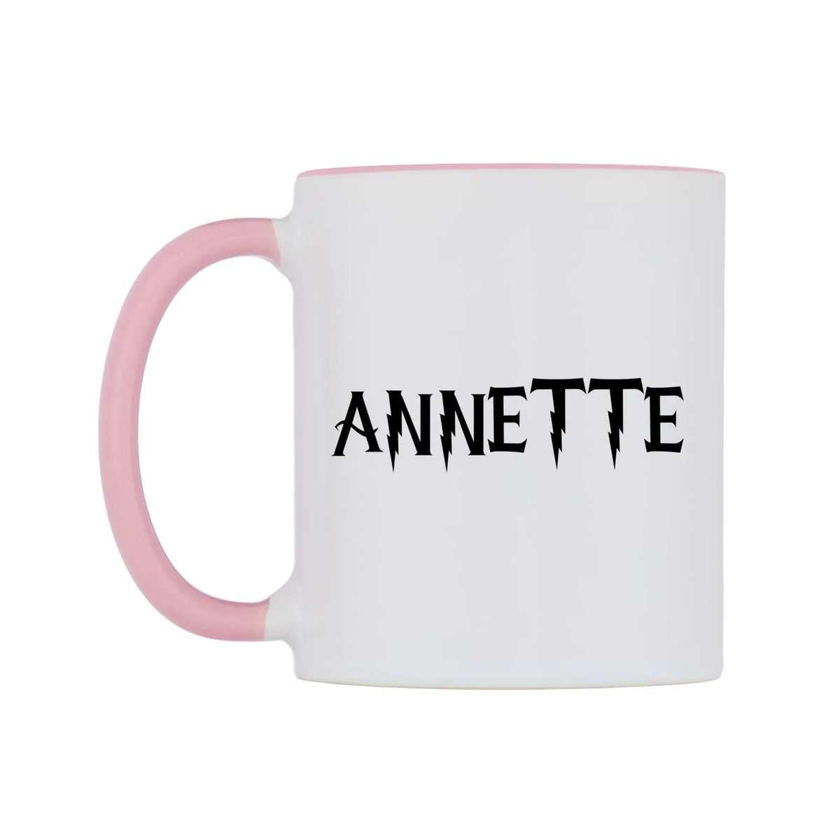 Annette - Wizard Themed Mug — white 11oz gloss mug with a pink inside and handle, right side, on a white background