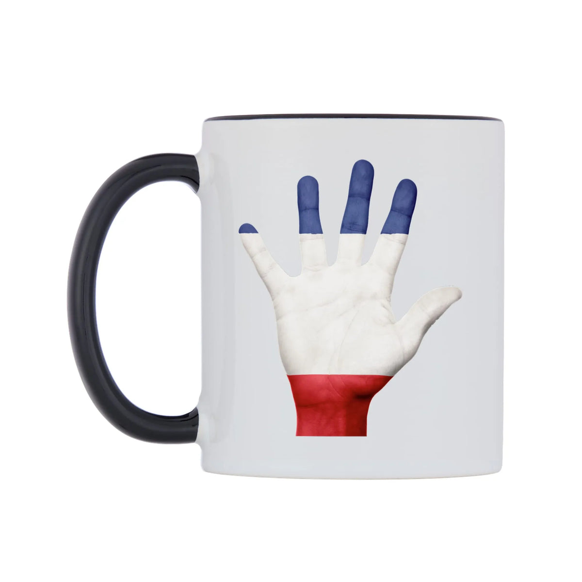 France Hand Flag Mug — white 11oz gloss mug with a black inside and handle, right side, on a white background