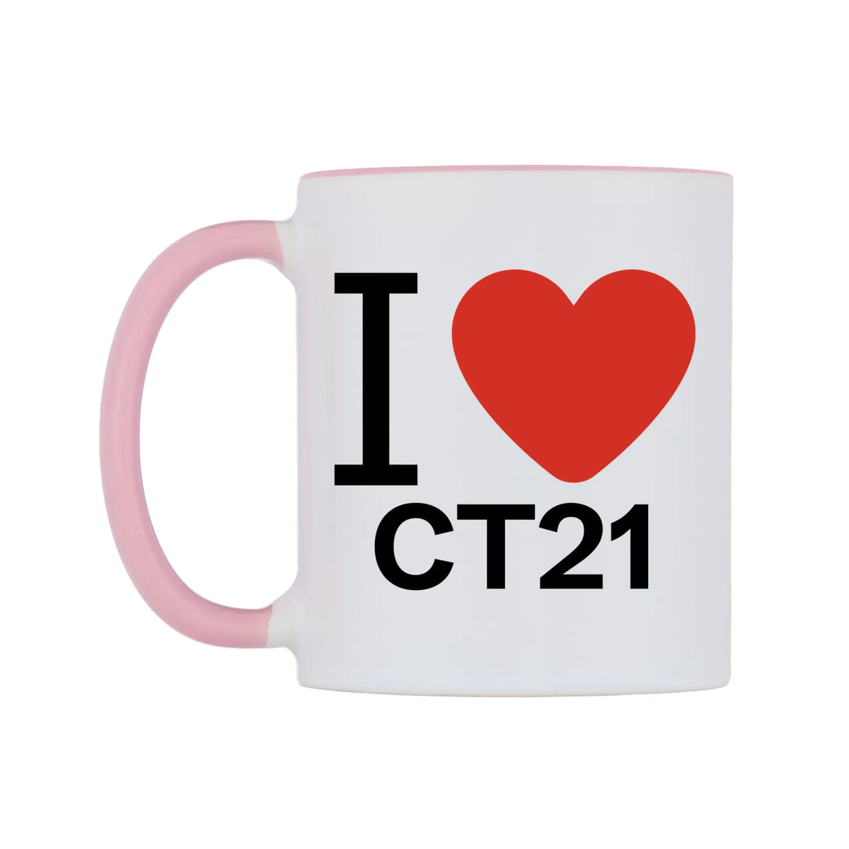 I Love CT21 Mug — white 11oz gloss mug with a pink inside and handle, right side, on a white background