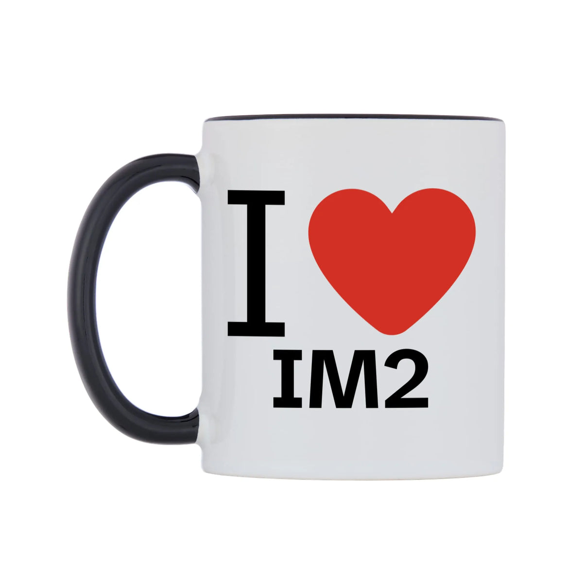 I Love IM2 Mug — white 11oz gloss mug with a black inside and handle, right side, on a white background