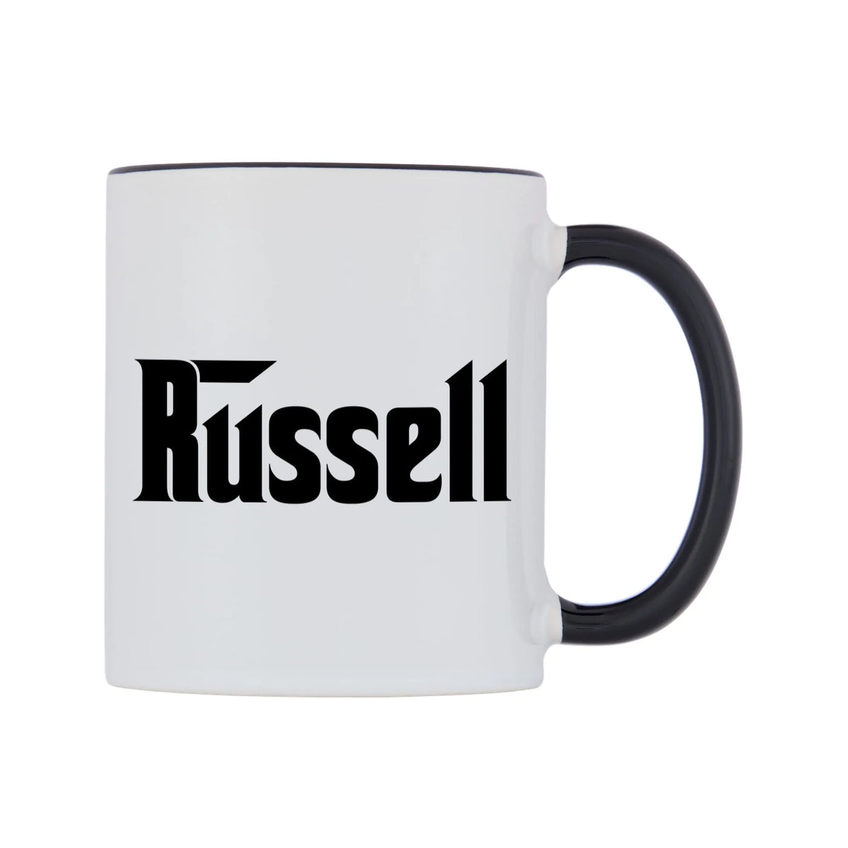 Russell - Godfather Themed Mug — white 11oz gloss mug with a black inside and handle, left side, on a white background