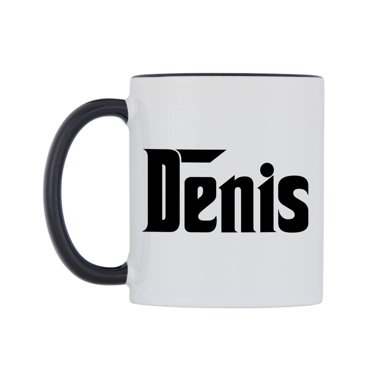 Denis - Godfather Themed Mug — white 11oz gloss mug with a black inside and handle, right side, on a white background