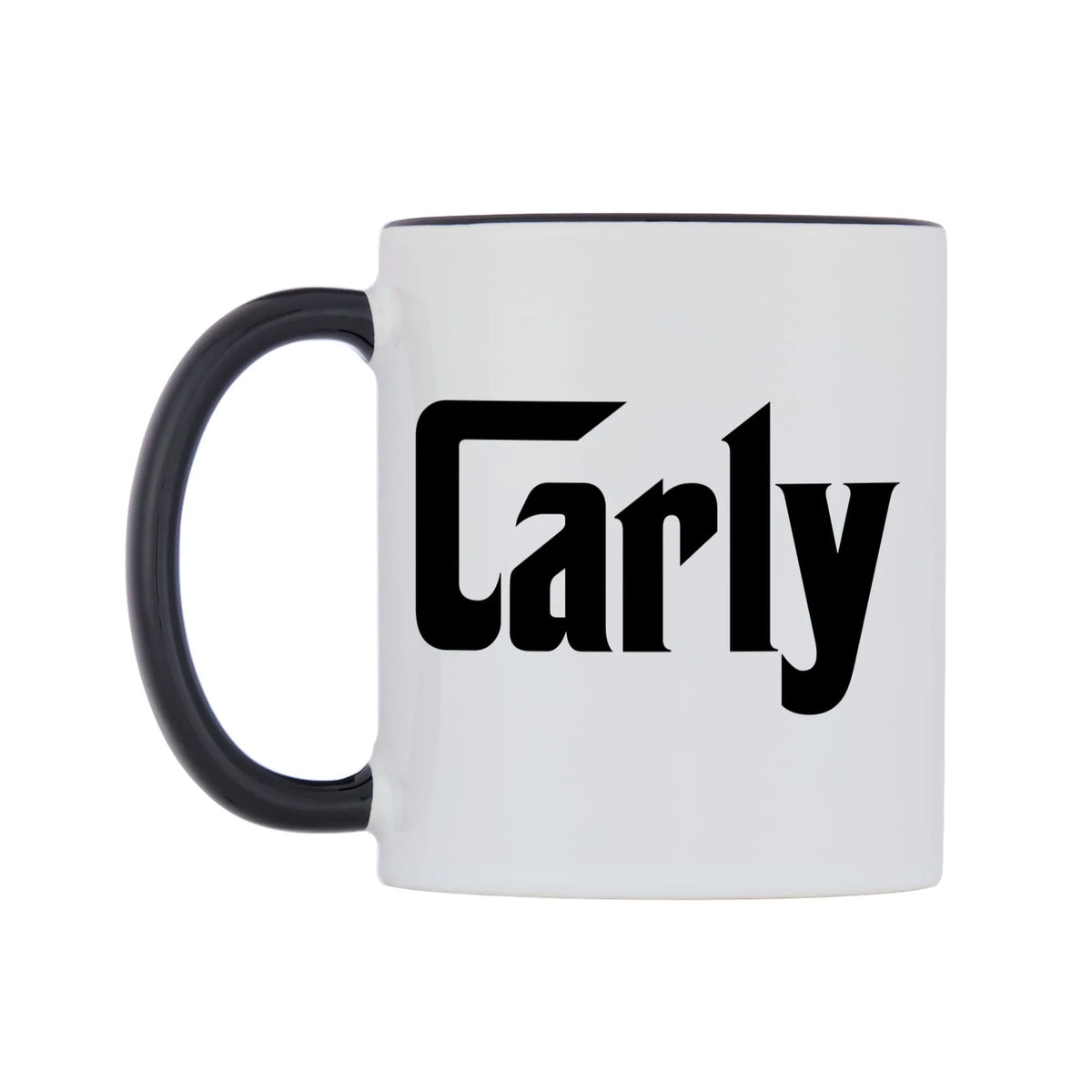 Carly - Godfather Themed Mug — white 11oz gloss mug with a black inside and handle, right side, on a white background