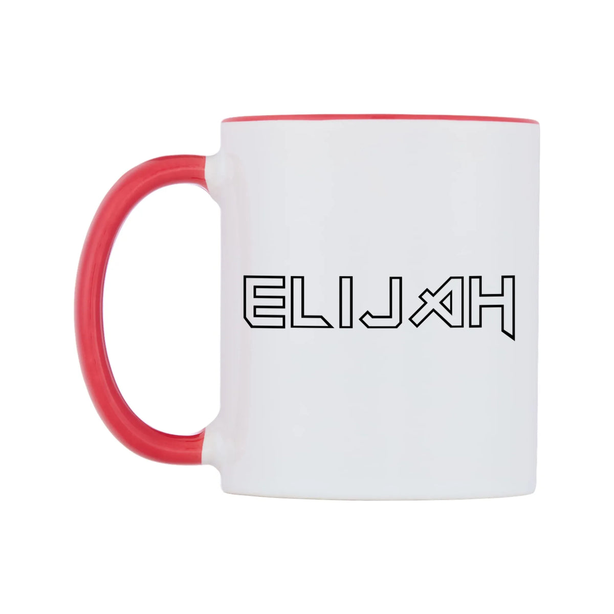 Elijah - Iron Maiden Themed Mug — white 11oz gloss mug with a red inside and handle, right side, on a white background