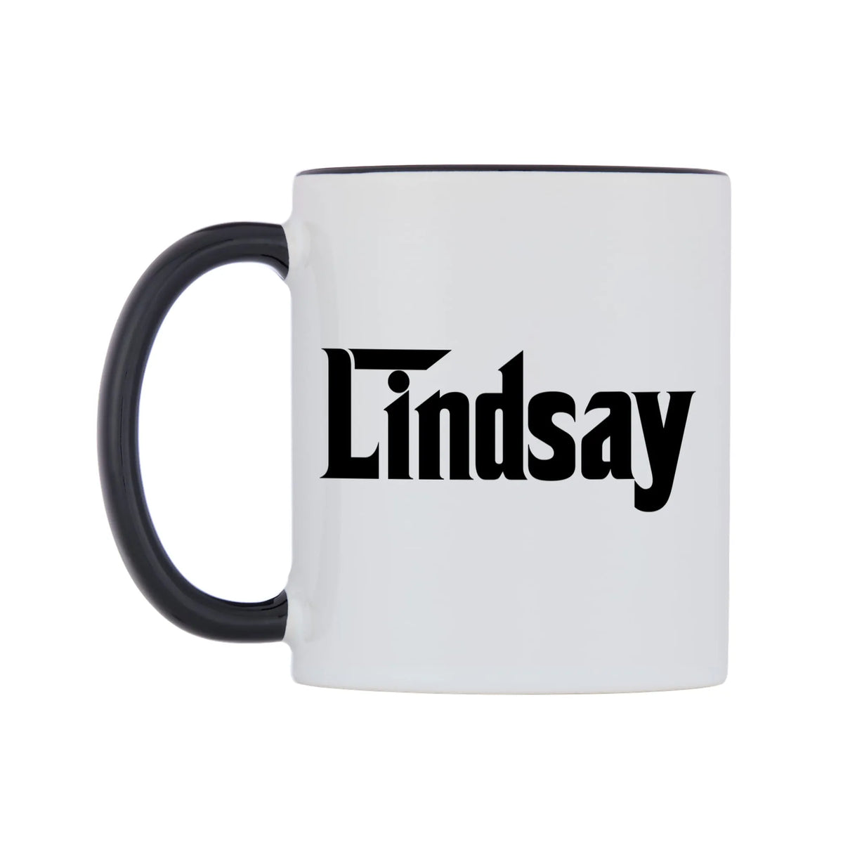 Lindsay - Godfather Themed Mug — white 11oz gloss mug with a black inside and handle, right side, on a white background