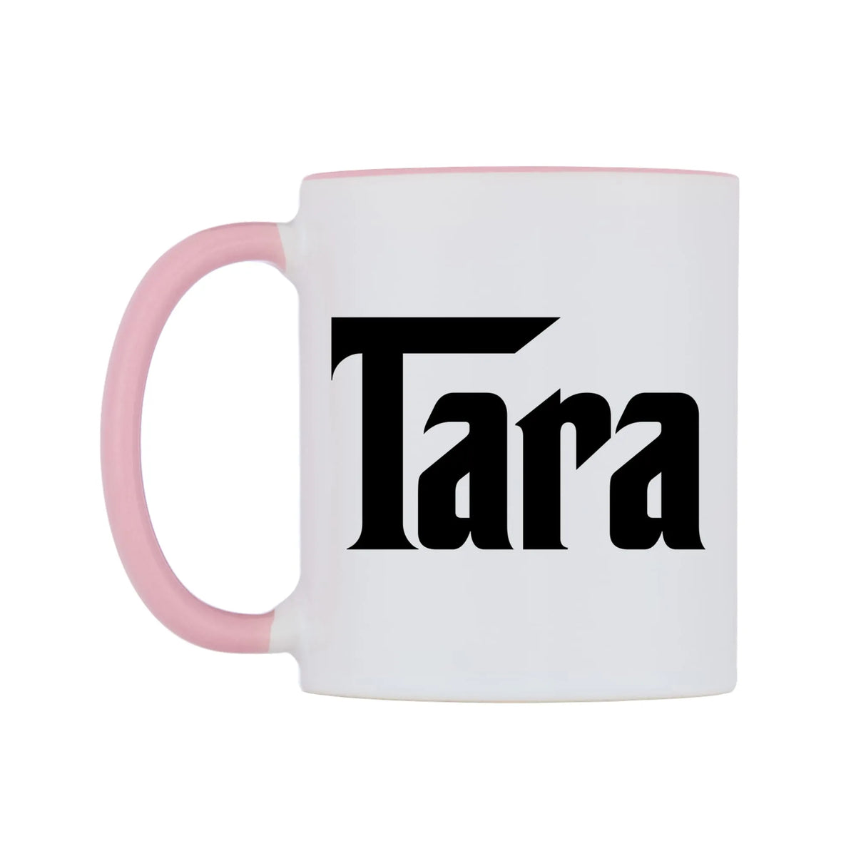 Tara - Godfather Themed Mug — white 11oz gloss mug with a pink inside and handle, right side, on a white background