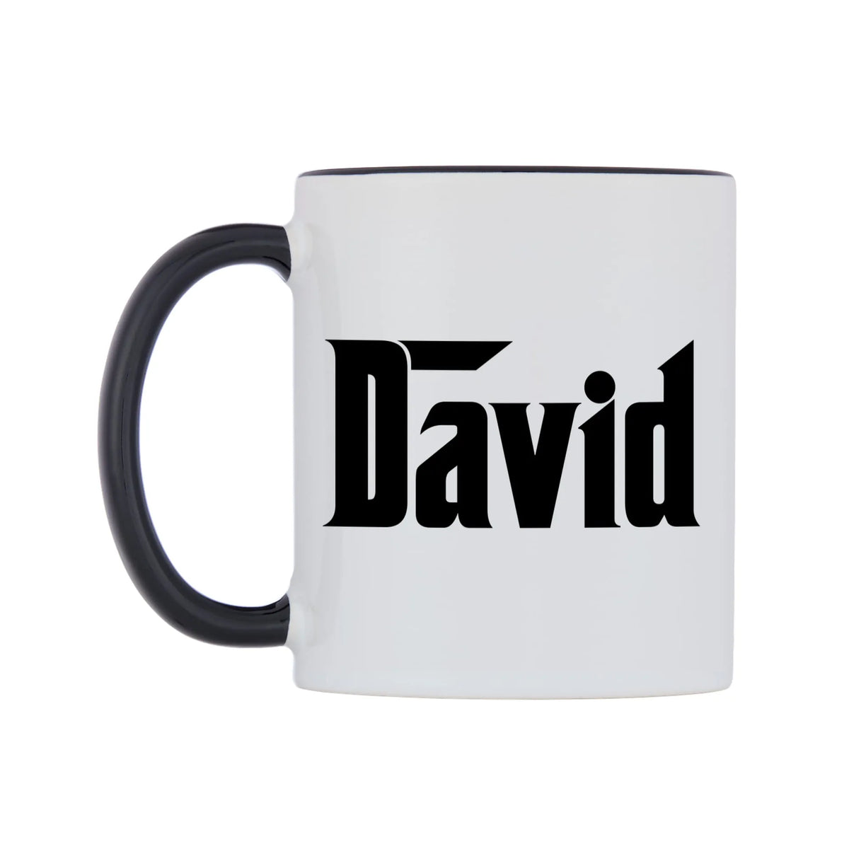 David - Godfather Themed Mug — white 11oz gloss mug with a black inside and handle, right side, on a white background