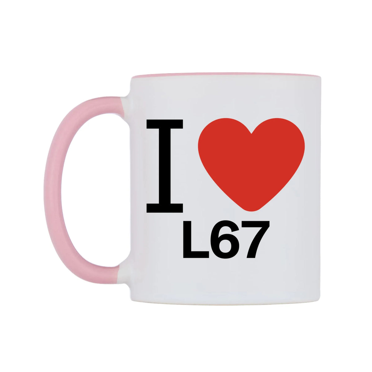I Love L67 Mug — white 11oz gloss mug with a pink inside and handle, right side, on a white background