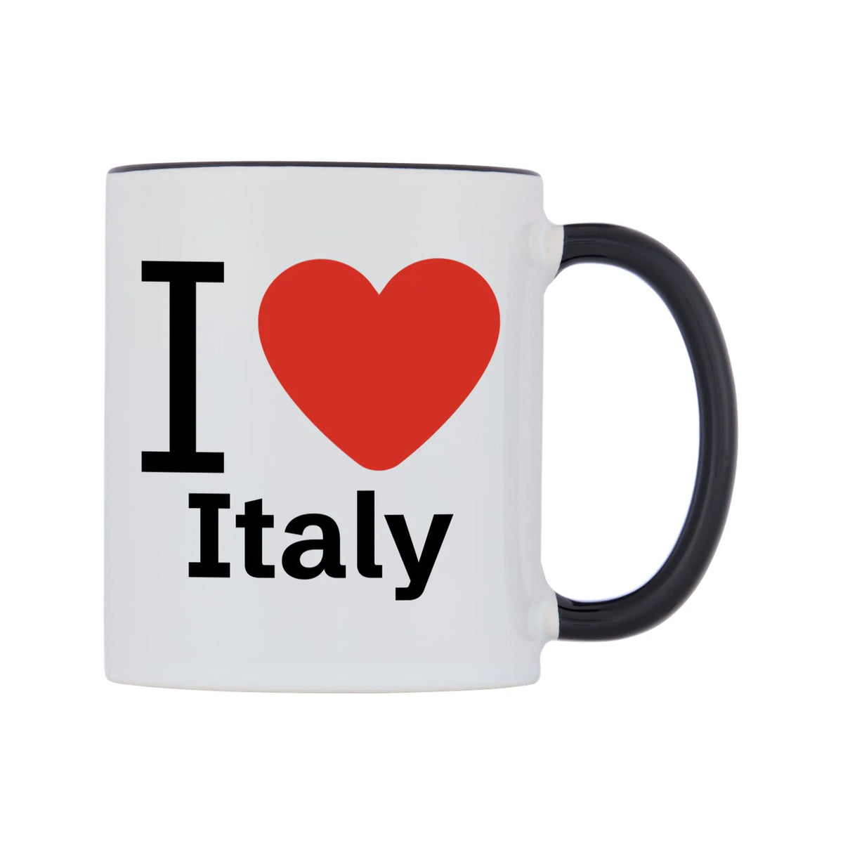I Love Italy Mug — white 11oz gloss mug with a black inside and handle, left side, on a white background