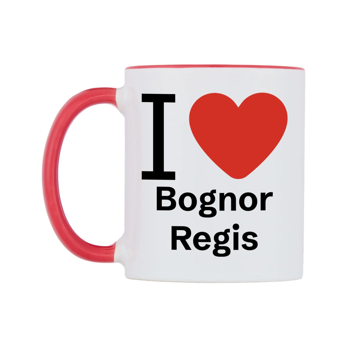 I Love Bognor Regis Mug — white 11oz gloss mug with a red inside and handle, right side, on a white background