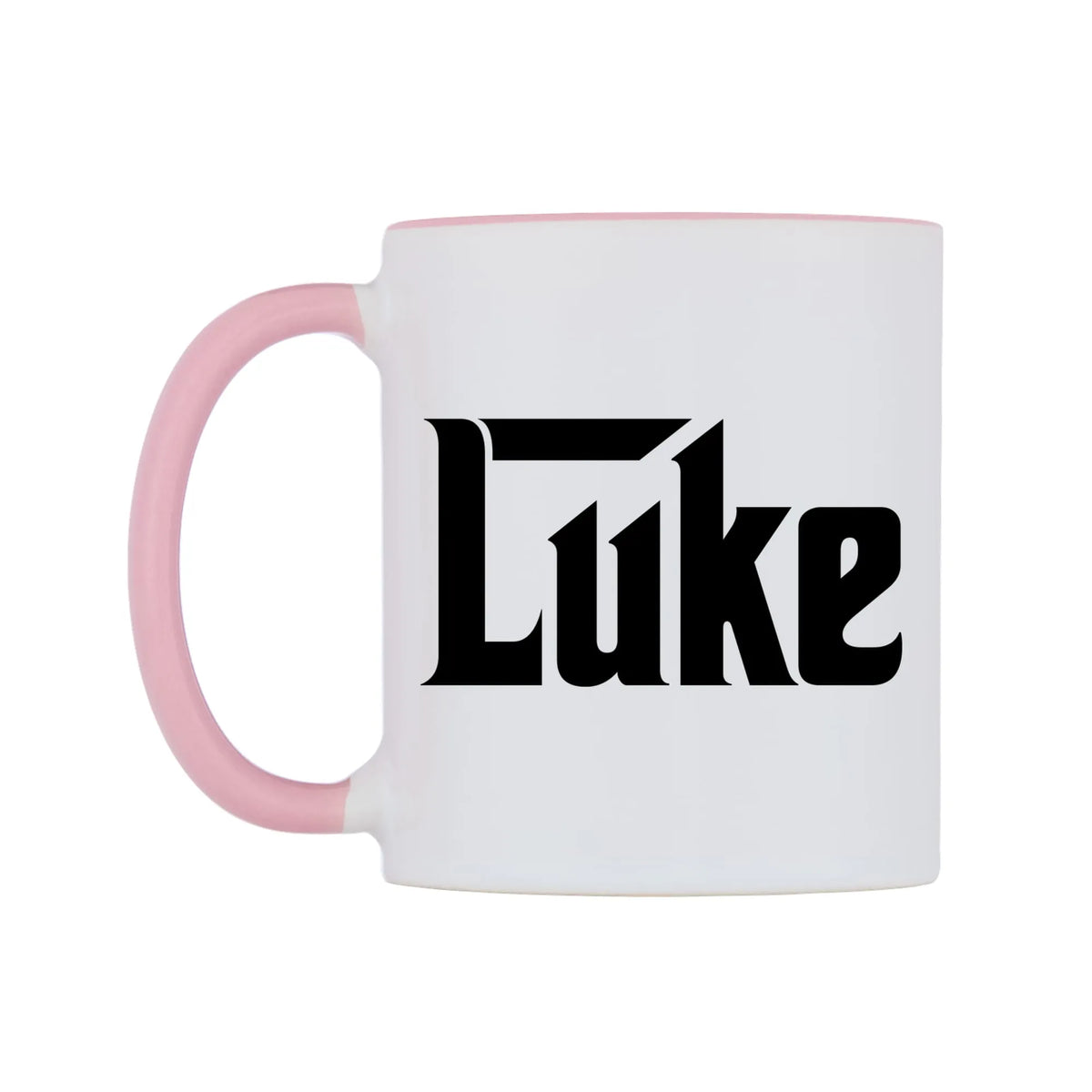 Luke - Godfather Themed Mug — white 11oz gloss mug with a pink inside and handle, right side, on a white background