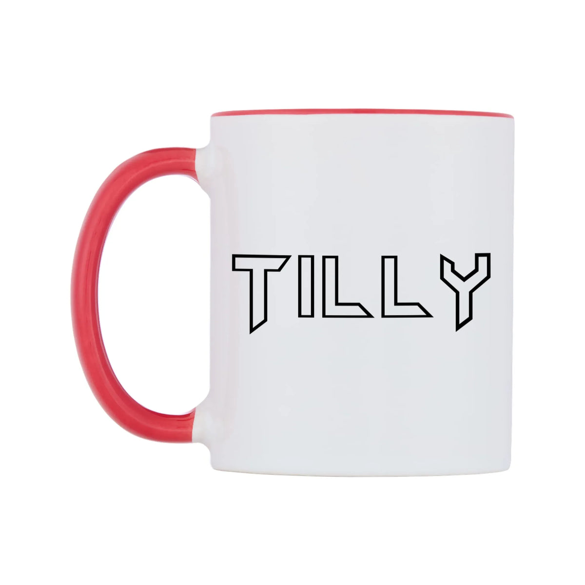 Tilly - Iron Maiden Themed Mug — white 11oz gloss mug with a red inside and handle, right side, on a white background