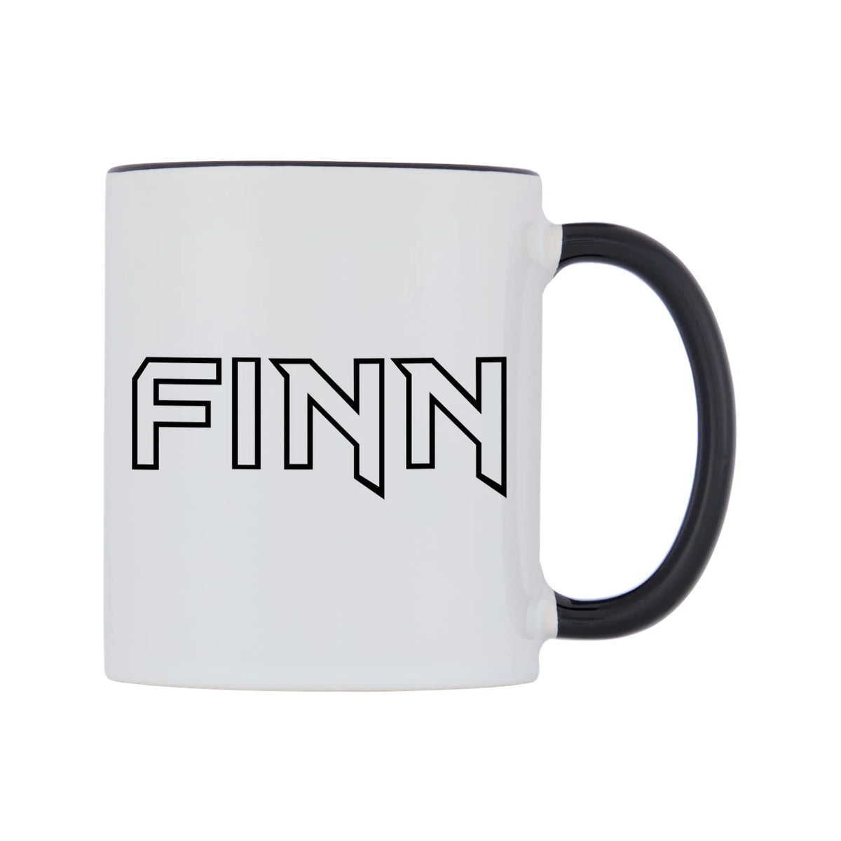 Finn - Iron Maiden Themed Mug — white 11oz gloss mug with a black inside and handle, left side, on a white background