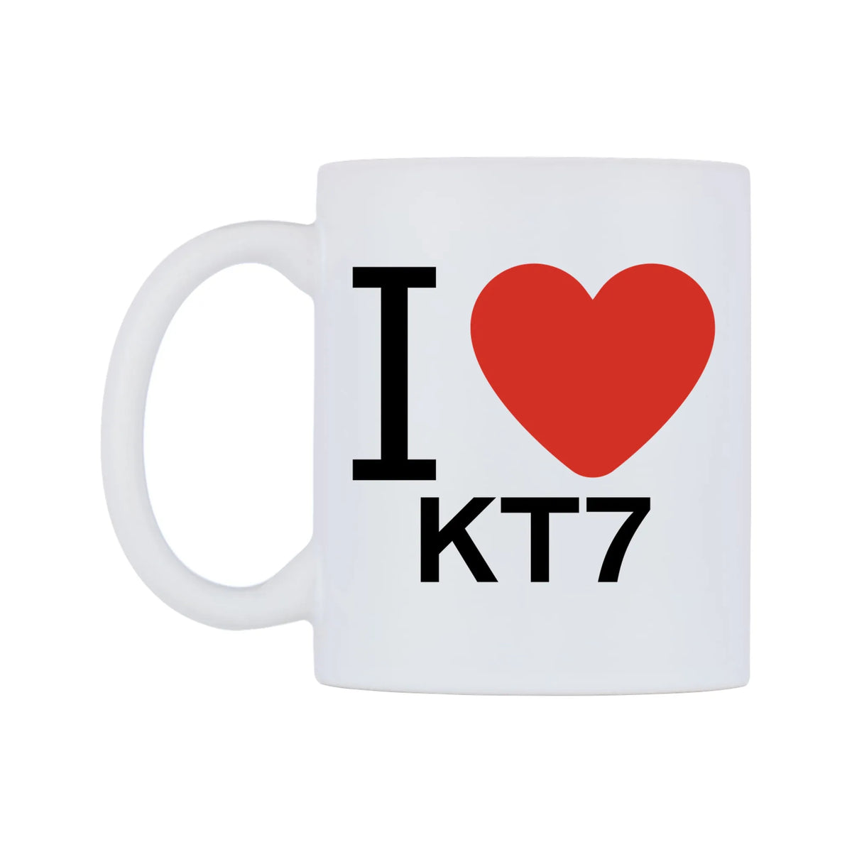 I Love KT7 Mug — white 11oz gloss mug, right side, on a white background