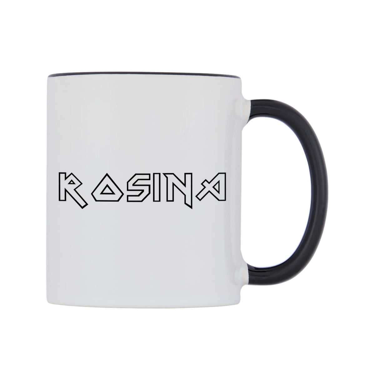 Rosina - Iron Maiden Themed Mug — white 11oz gloss mug with a black inside and handle, left side, on a white background