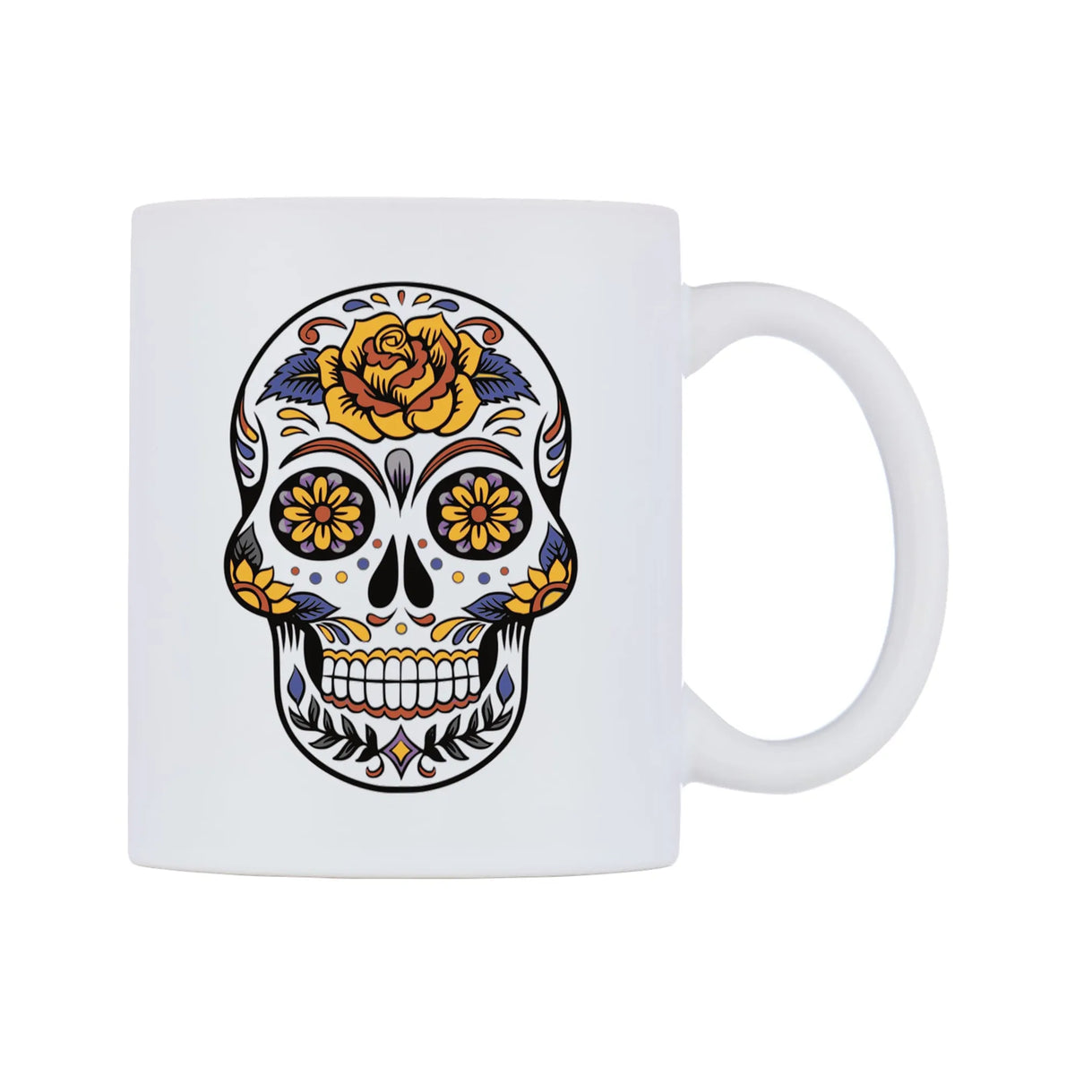 Colour Flower Skull Mug — white 11oz gloss mug, left side, on a white background