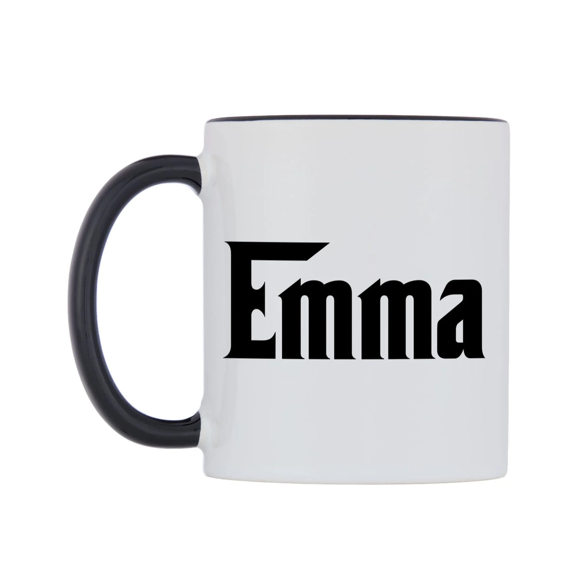 Emma - Godfather Themed Mug — white 11oz gloss mug with a black inside and handle, right side, on a white background