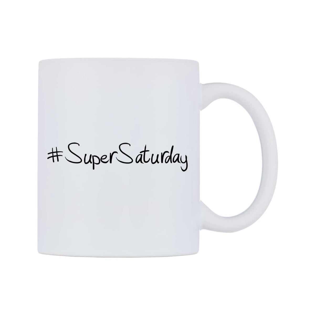 SuperSaturday Mug — mug, left side, on a white background