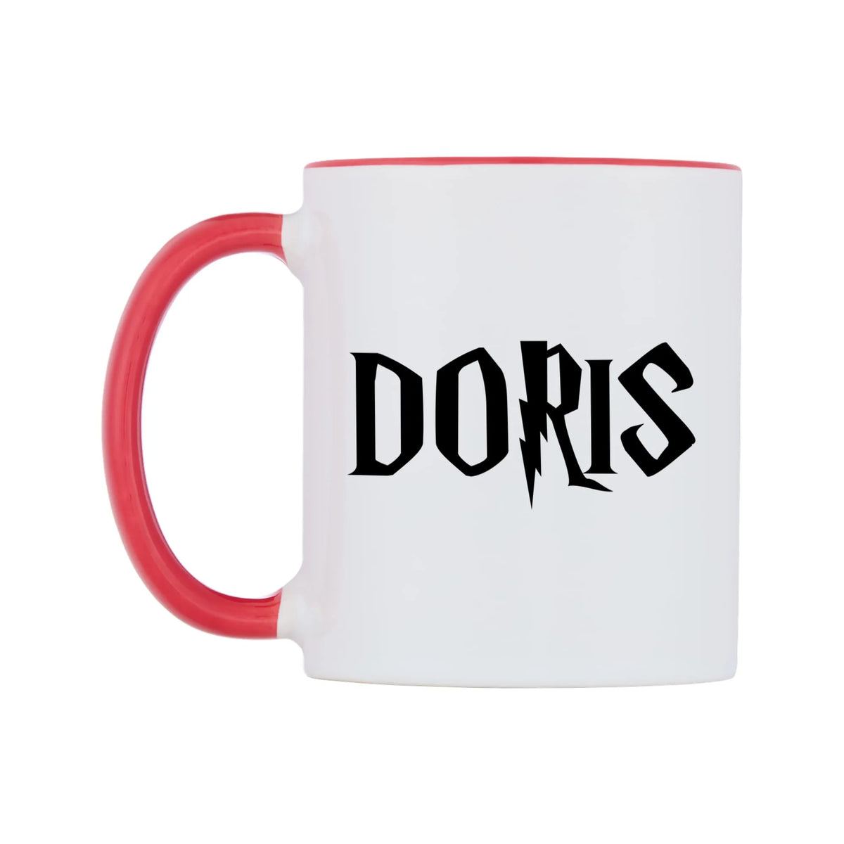 Doris - Wizard Themed Mug — white 11oz gloss mug with a red inside and handle, right side, on a white background
