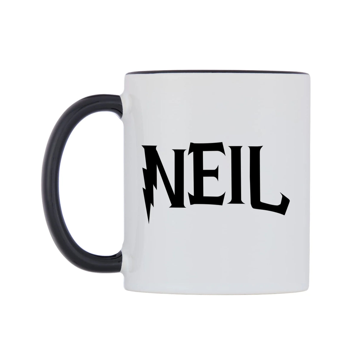 Neil - Wizard Themed Mug — white 11oz gloss mug with a black inside and handle, right side, on a white background