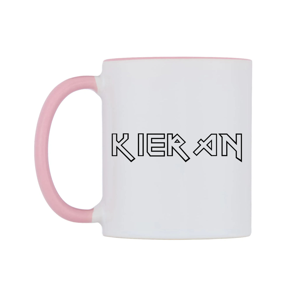 Kieran - Iron Maiden Themed Mug — white 11oz gloss mug with a pink inside and handle, right side, on a white background
