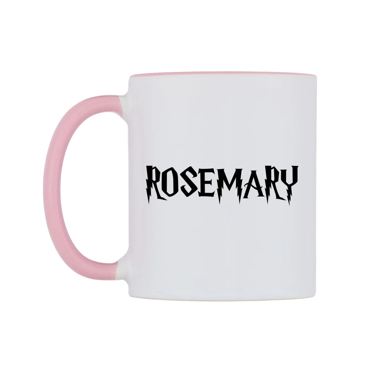 Rosemary - Wizard Themed Mug — white 11oz gloss mug with a pink inside and handle, right side, on a white background